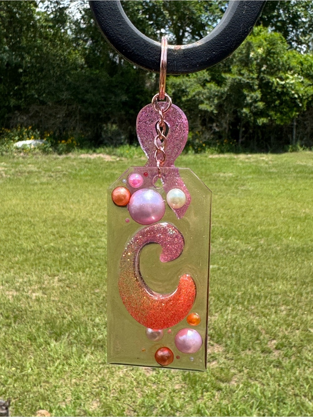 Handmade Pink, Orange and Green Resin 'C' Keychain Pendant